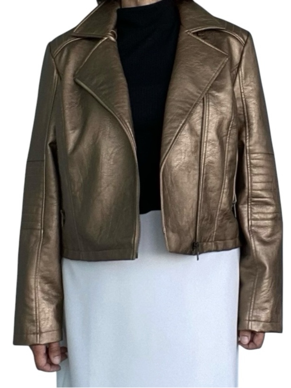 Tribal Jeans Moto jacket faux leather bronze metallic size L new with tags